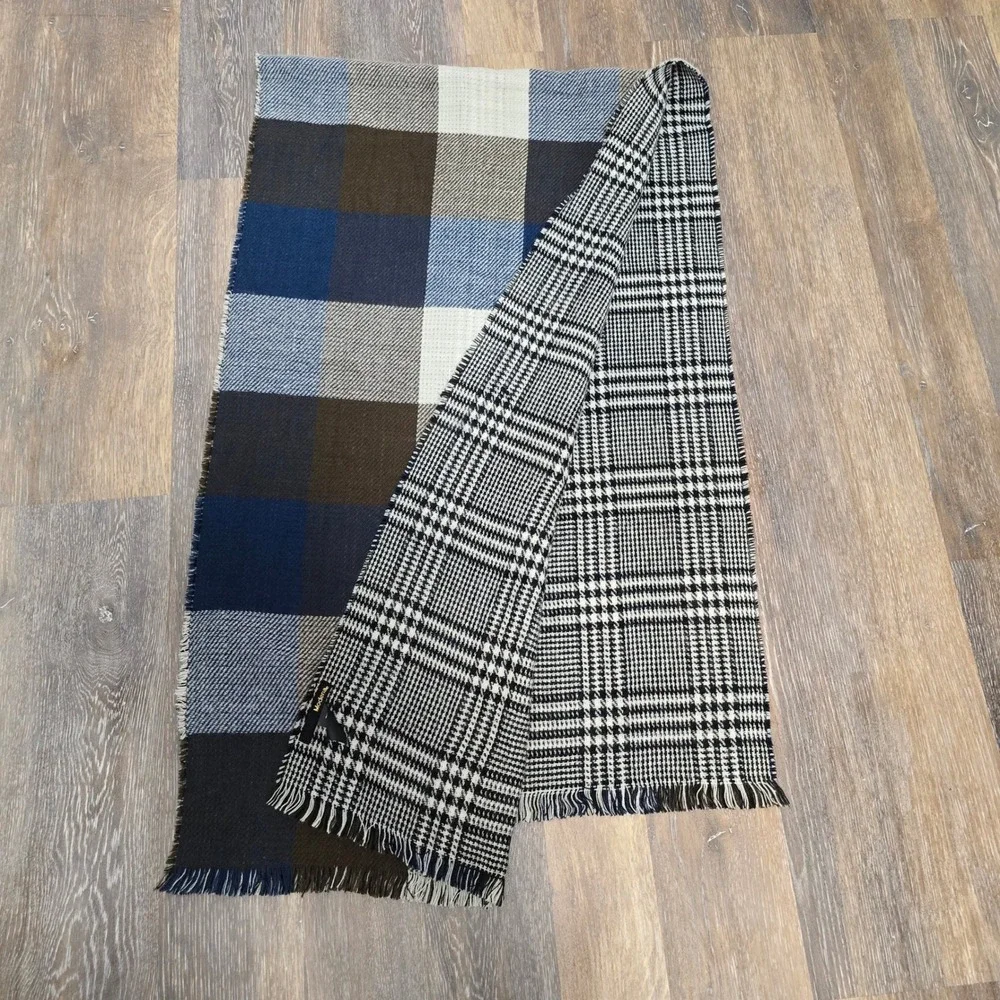 Modena Reversible Blanket Scarf Houndstooth‎ Blue Plaid Fringed Wrap Shawl